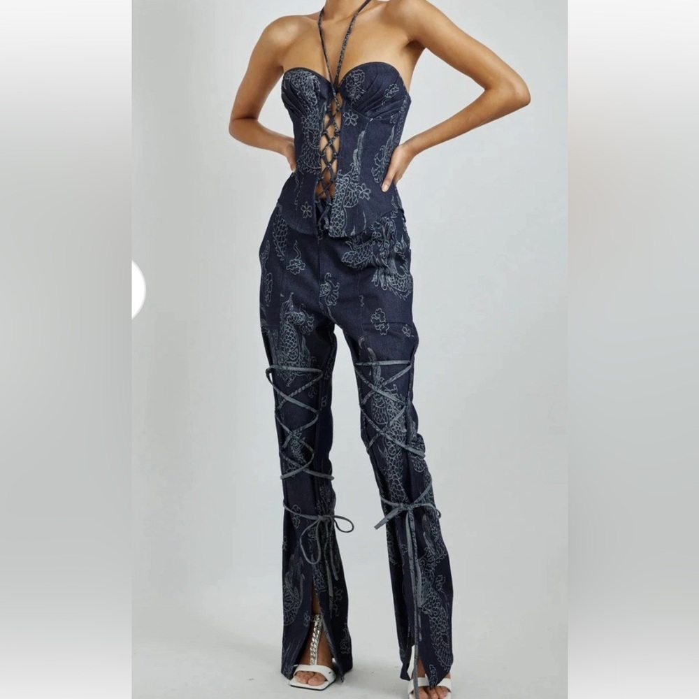 Kim Shui SET Stylish Bandana Print Women's Blue Top & Pants XS Rare